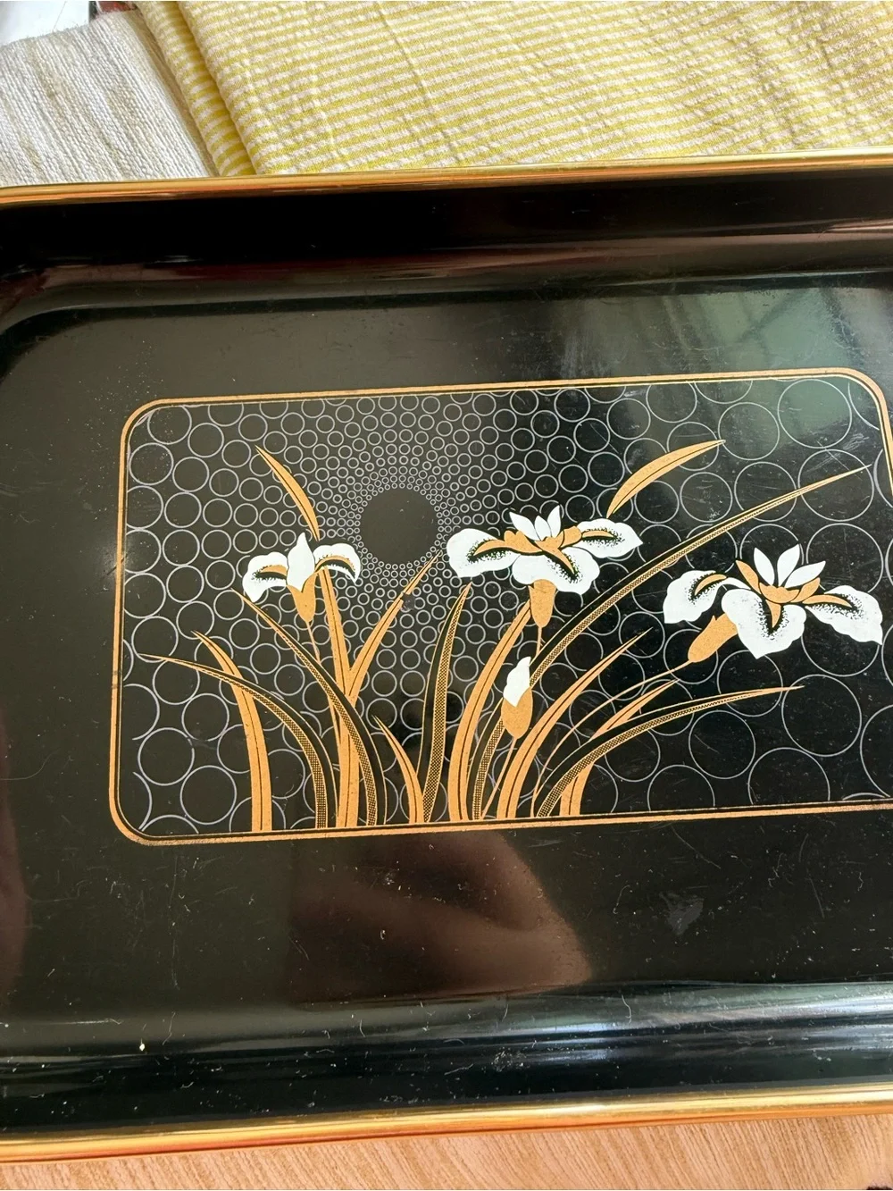 Black vintage 80’s Floral Melamine trinket Tray with Yellow iris flower Accents